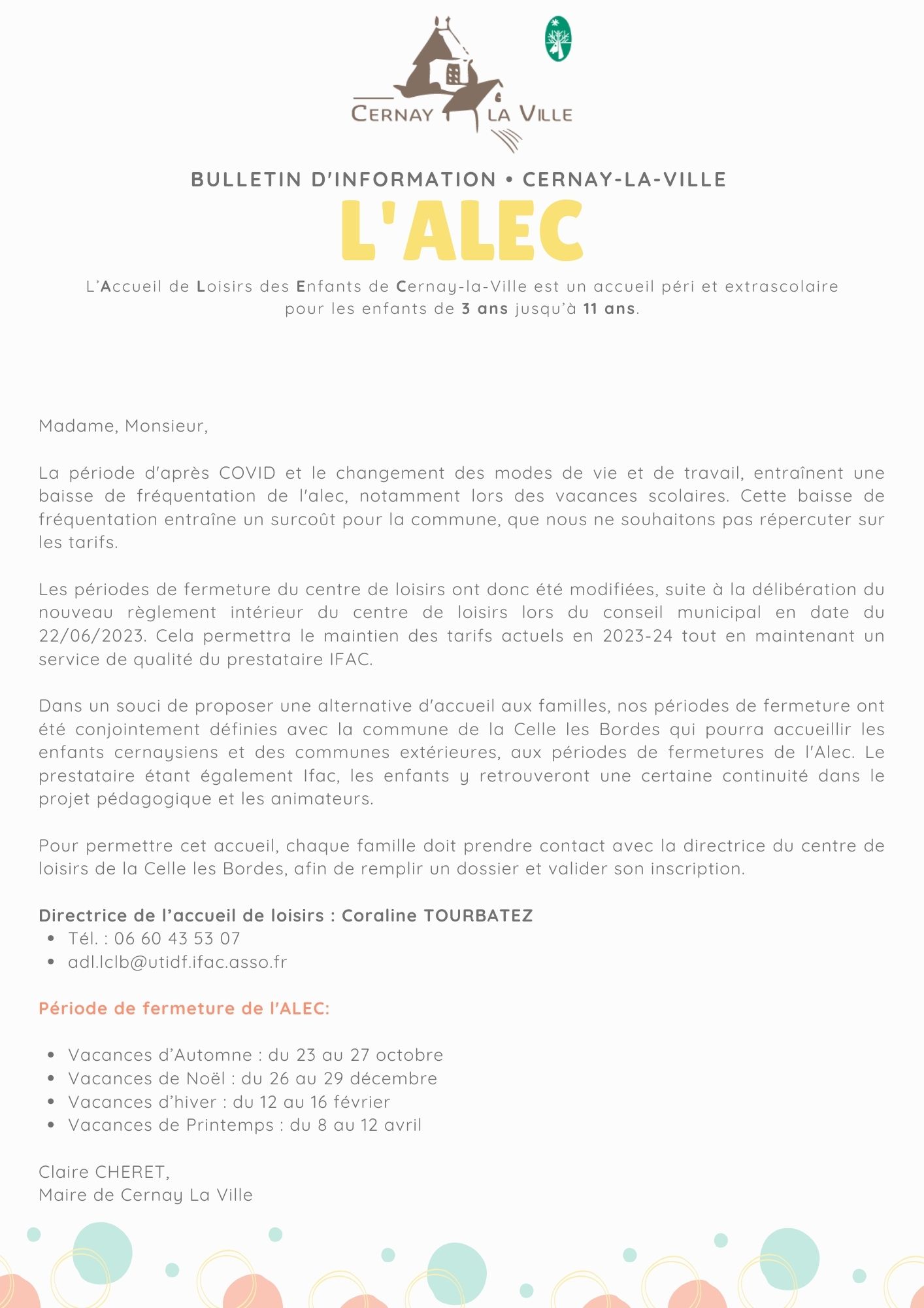 Bulletin dinformation Accueil de Loisirs des Enfants de Cernay la Ville 