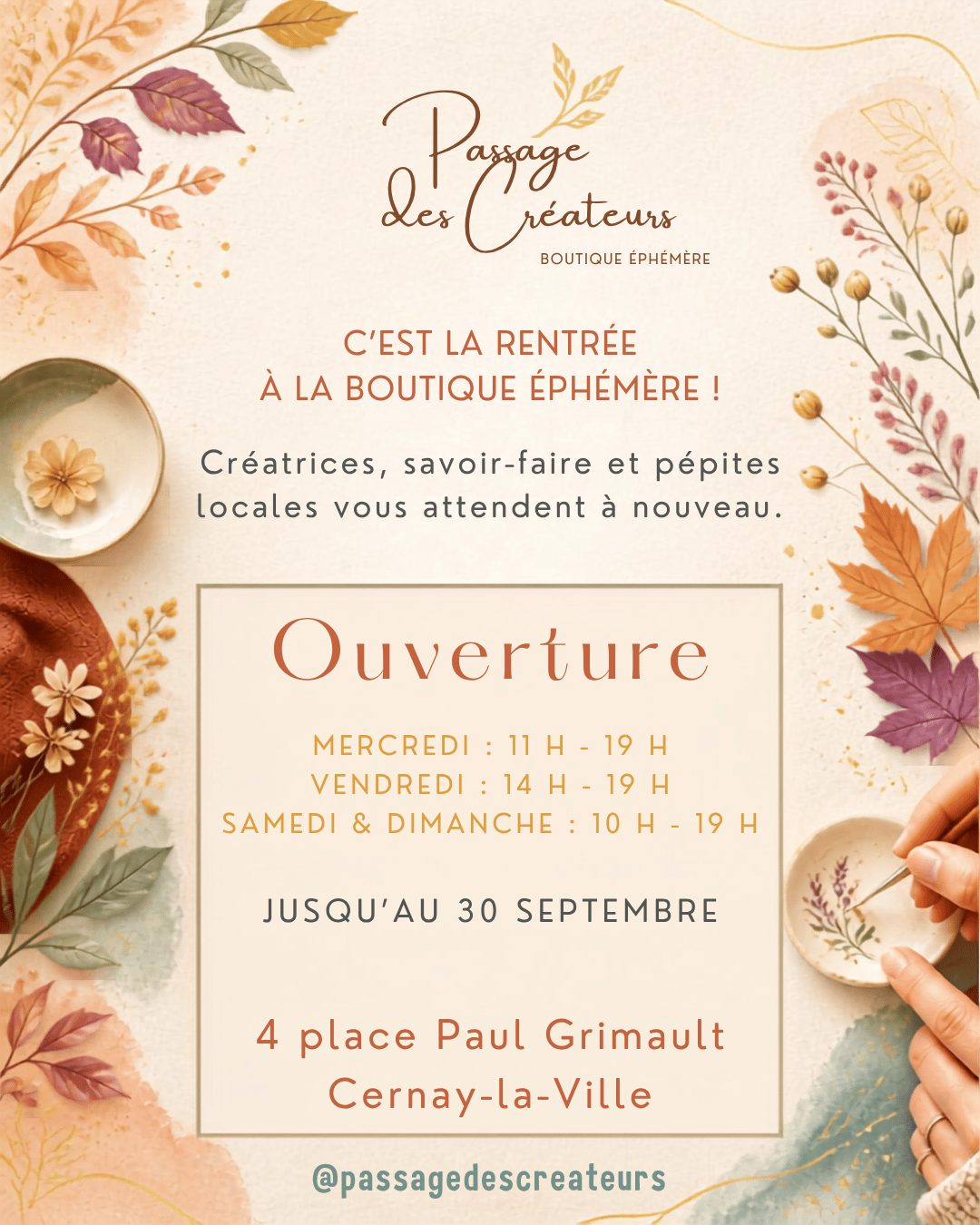 Passage des créateurs : nouvelle programmation à la boutique éphémère de Cernay-la-Ville !.