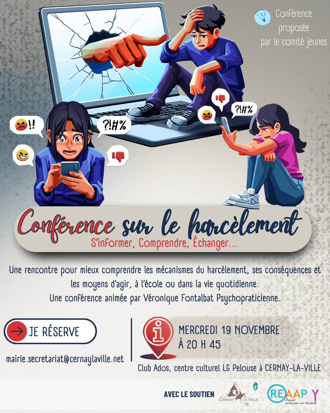 Mercredi 19 novembre : Conférence : Le harcèlement chez les ados – S’informer, Comprendre, Échanger.