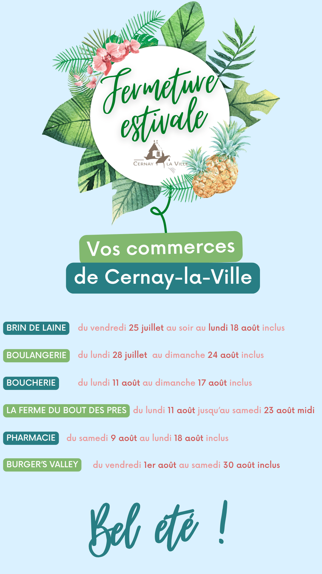 Fermeture estivale commerçants de Cernay2025