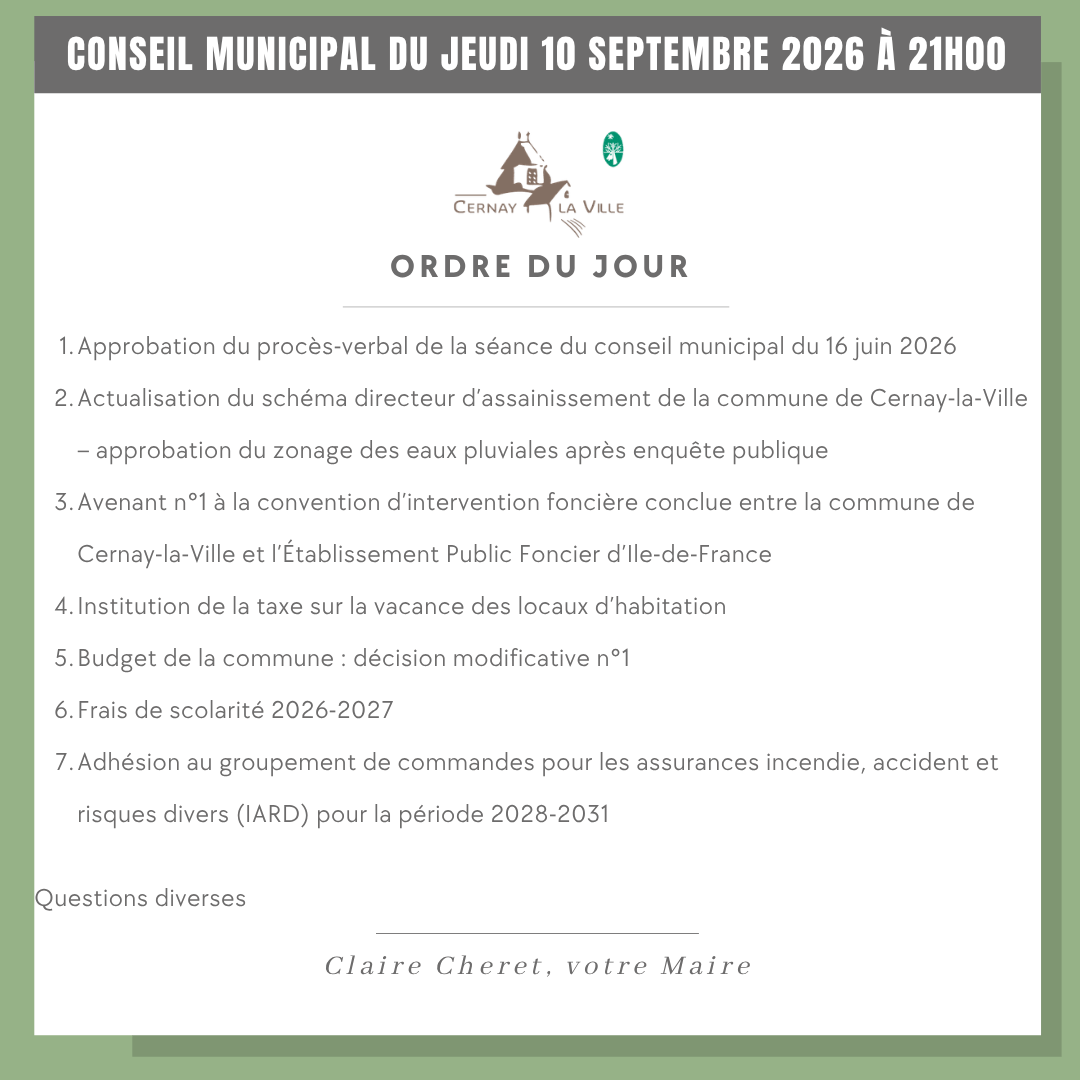 ODJ CONSEIL MUNICIPAL DU JEUDI 10 SEPTEMBRE 2026 à 21h00