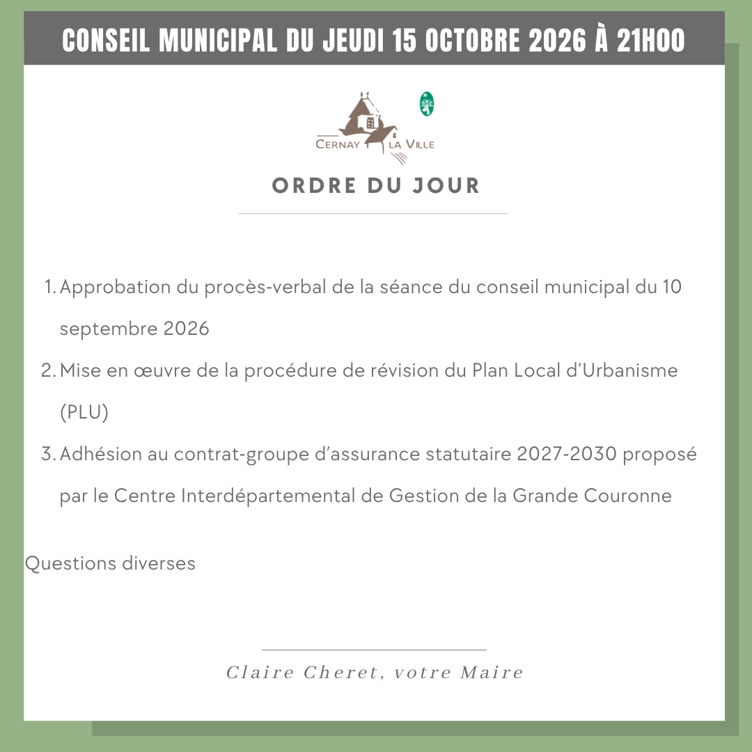 ODJ CONSEIL MUNICIPAL DU JEUDI 15 OCTOBRE 2026 à 21h00