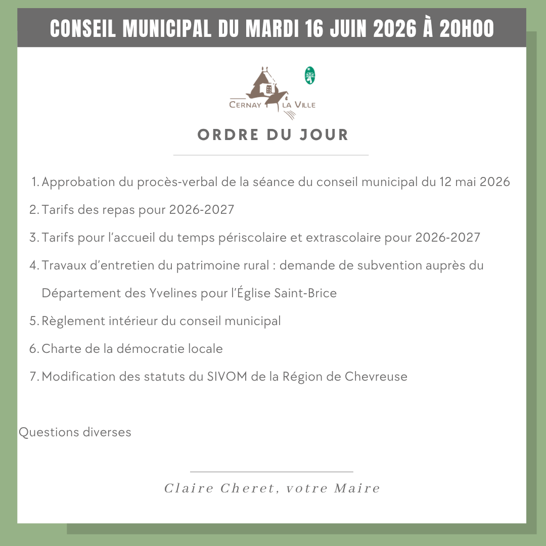 ODJ CONSEIL MUNICIPAL MARDI 16 JUIN 2026 à 20h00