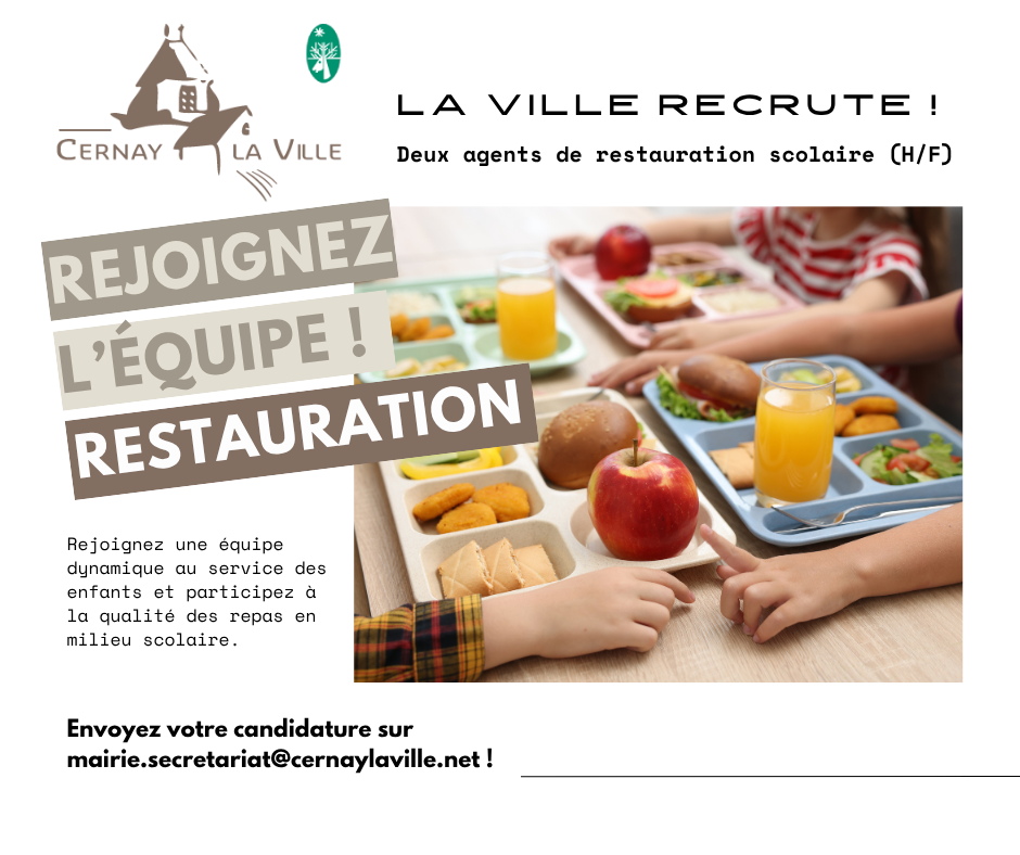 Offre d'emploi : La commune de Cernay la Ville recrute :  Deux agents de restauration scolaire (H/F).